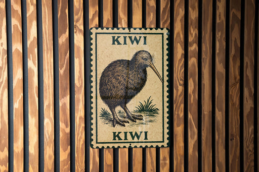 A metal sign featuring a kiwi bird illustration is mounted on a wooden wall.