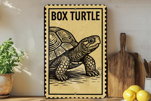 a sign with a picture of a box turtle, placed on a wooden surface next to a wooden cutting board and some lemons.