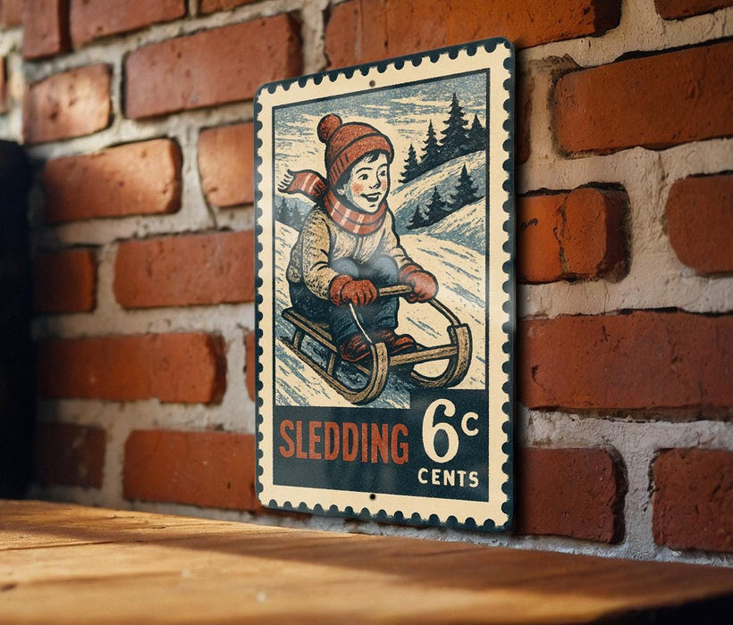 A vintage-style metal sign featuring a child riding a sled on a snowy hill, with the text "Sledding 6c" and a border.