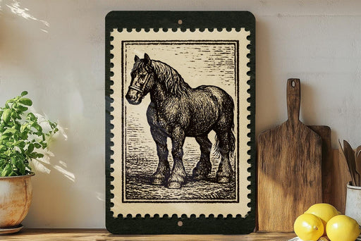 a framed illustration of a horse on a wooden shelf, surrounded by various kitchen utensils and a potted plant.