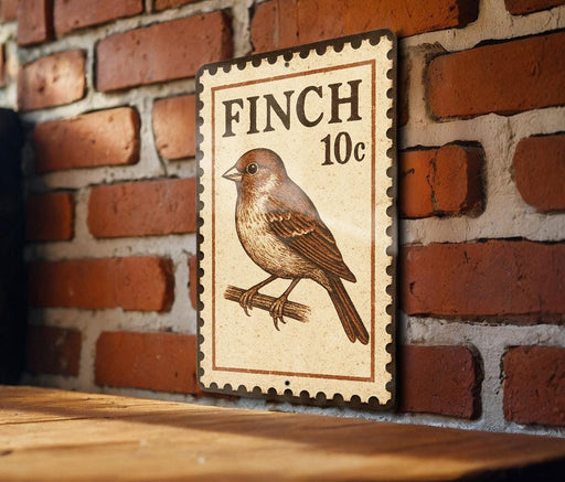 A metal sign with a bird illustration is mounted on a brick wall.
