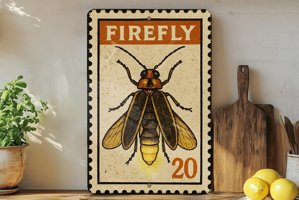 a framed poster of a Firefly insect, with a wooden cutting board and a potted plant to the left.