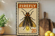 a framed poster of a Firefly insect, with a wooden cutting board and a potted plant to the left.