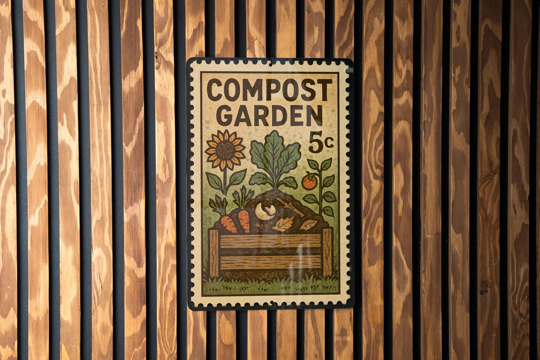 A vintage-style stamp or postcard with a garden scene, featuring a wooden bench, a flower, and a pile of compost.