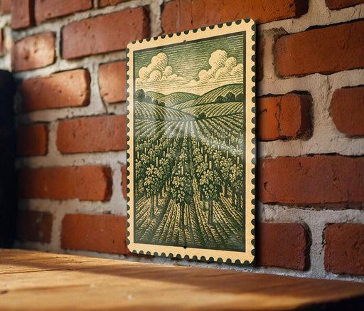 a framed illustration of a countryside landscape, with a brick wall and wooden table in the foreground.
