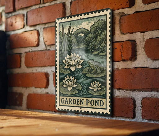 A metal sign with a painting of a garden pond and a frog is mounted on a brick wall.
