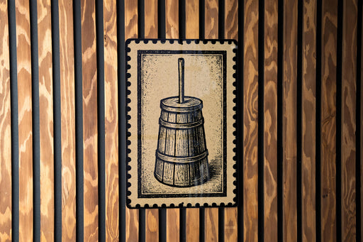 A wooden wall with a metal stamp featuring a wooden barrel with a spout on it.