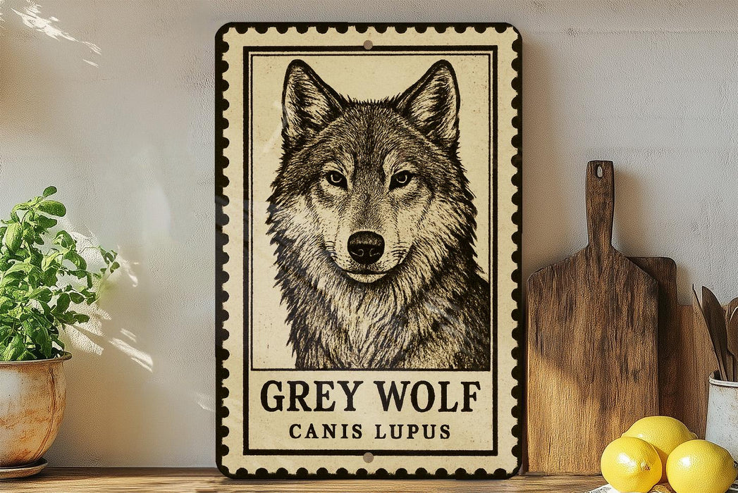 A framed image of a grey wolf is displayed on a shelf, accompanied by a wooden cutting board, a potted plant, and some lemons.