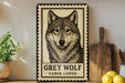 A framed image of a grey wolf is displayed on a shelf, accompanied by a wooden cutting board, a potted plant, and some lemons.