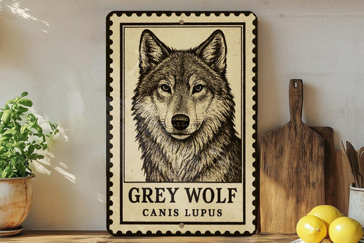 A framed image of a grey wolf is displayed on a shelf, accompanied by a wooden cutting board, a potted plant, and some lemons.