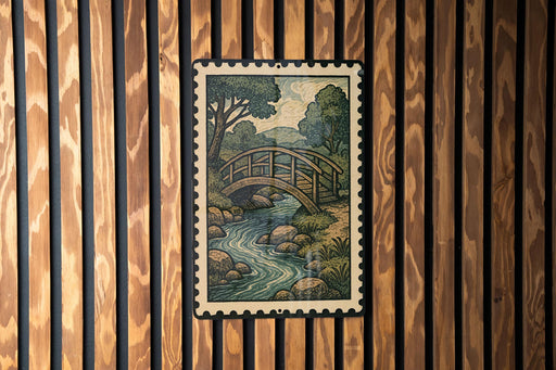 A framed illustration of a wooden bridge spanning a river is displayed on a wooden wall.
