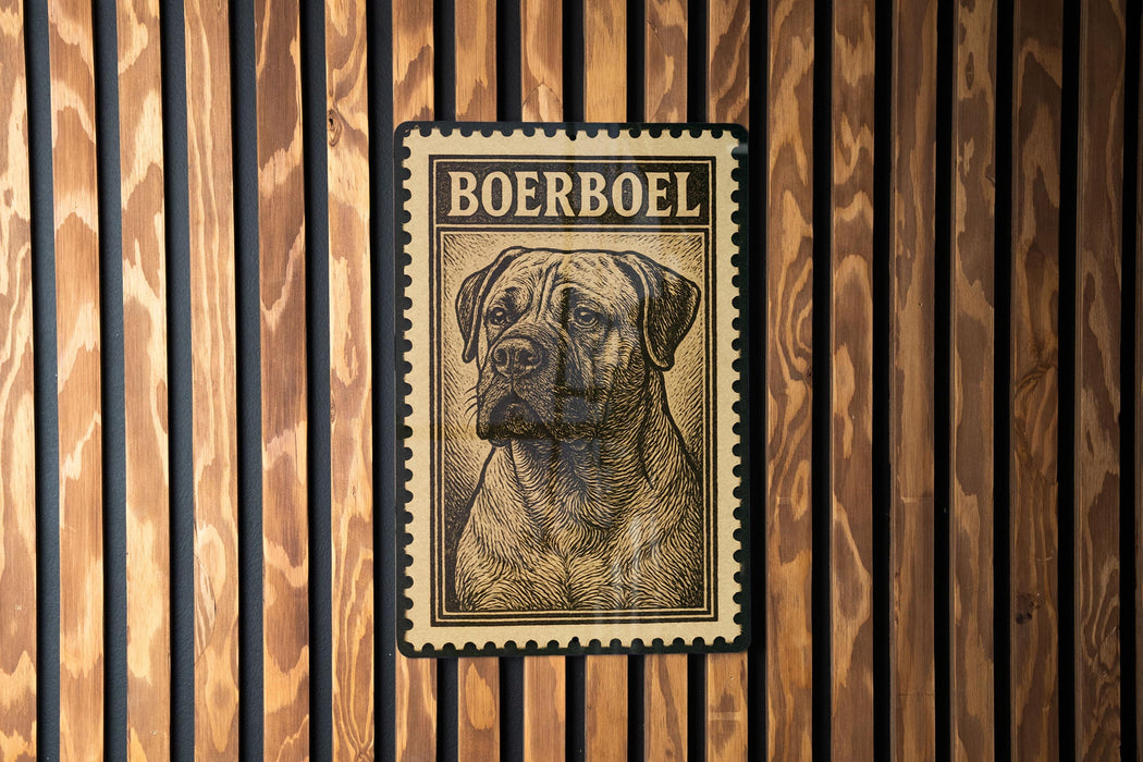 A metal sign with a printed image of a Boerboel dog on it, mounted on a wooden wall.