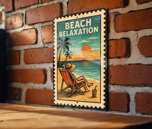A vintage-style metal sign with a beach scene, featuring a person relaxing in a chair and palm trees, is mounted on a brick wall.