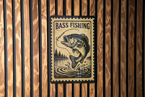 A sign with the text "BASS FISHING" and an illustration of a fish jumping out of the water, mounted on a wooden wall.