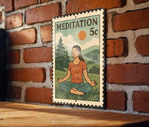 A vintage-style stamp depicting a woman in a meditative pose, with a serene landscape in the background, is mounted on a brick wall.