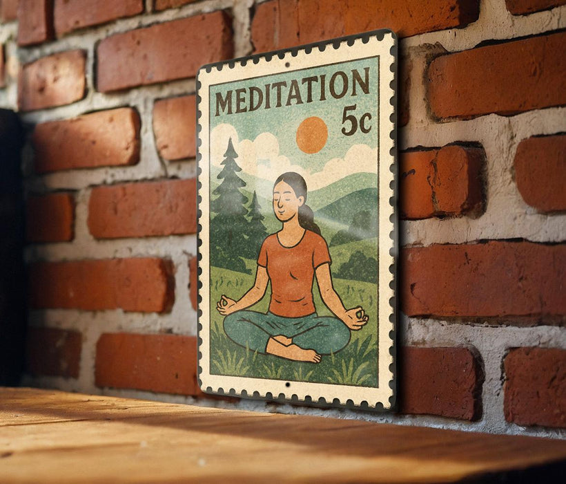 A vintage-style stamp depicting a woman in a meditative pose, with a serene landscape in the background, is mounted on a brick wall.