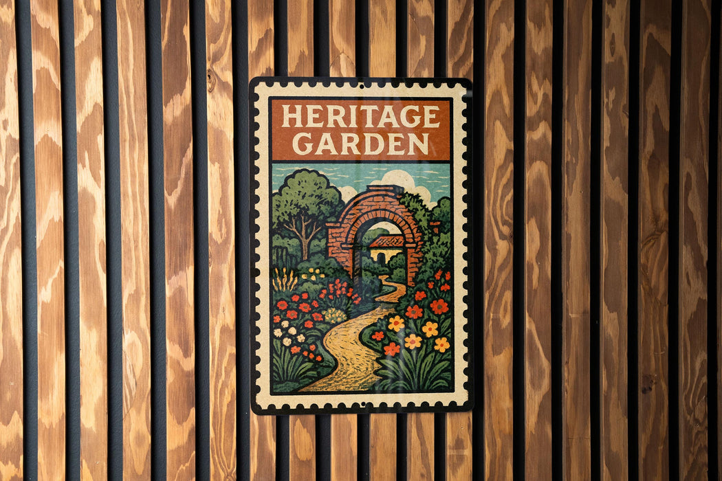 A vintage-style metal sign with a garden scene and a path, mounted on a wooden wall.