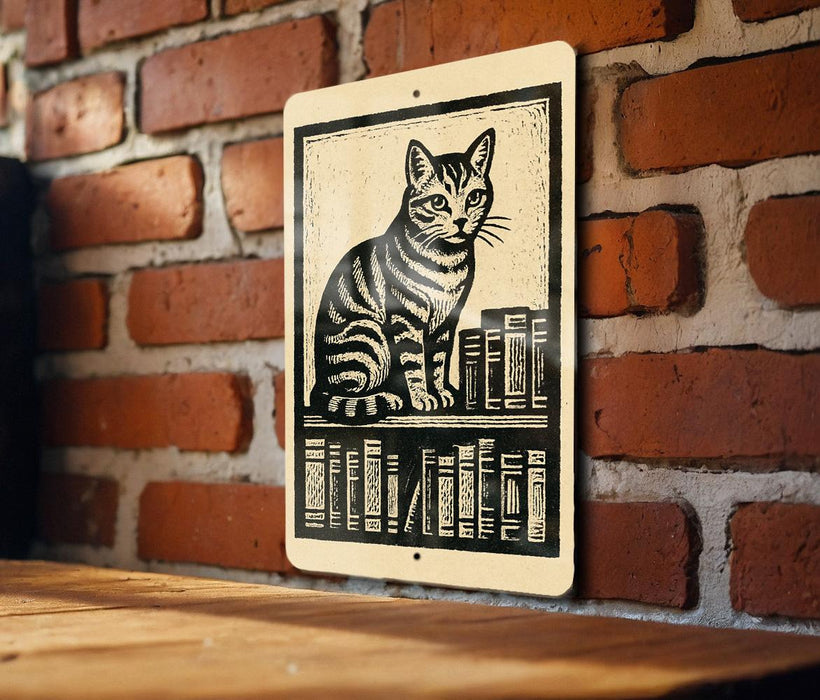 A sign featuring a black and white illustration of a cat sitting on a bookshelf, with books arranged below it.