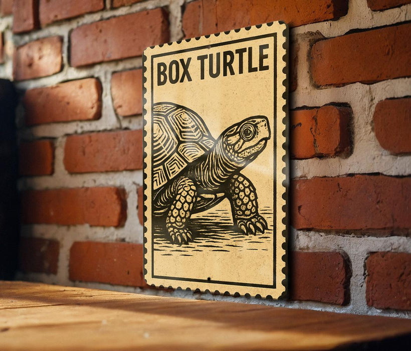 A wooden table with a wooden surface, and a framed poster of a box turtle is mounted on a brick wall.