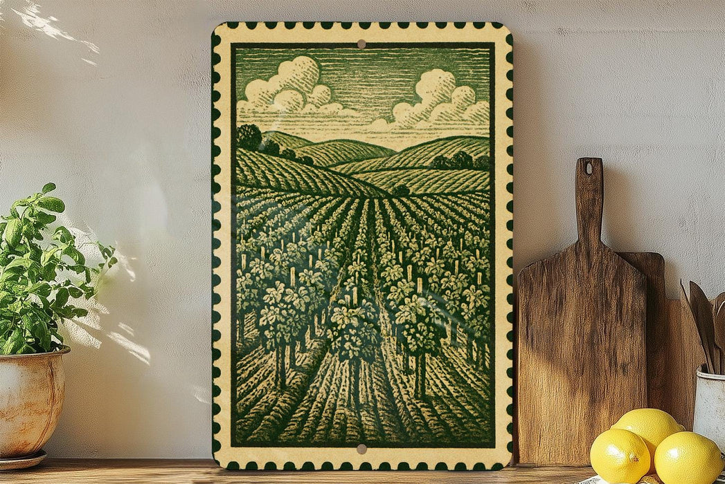 a framed illustration of a countryside landscape with a field of trees and rolling hills, accompanied by a wooden cutting board and a potted plant on a shelf.