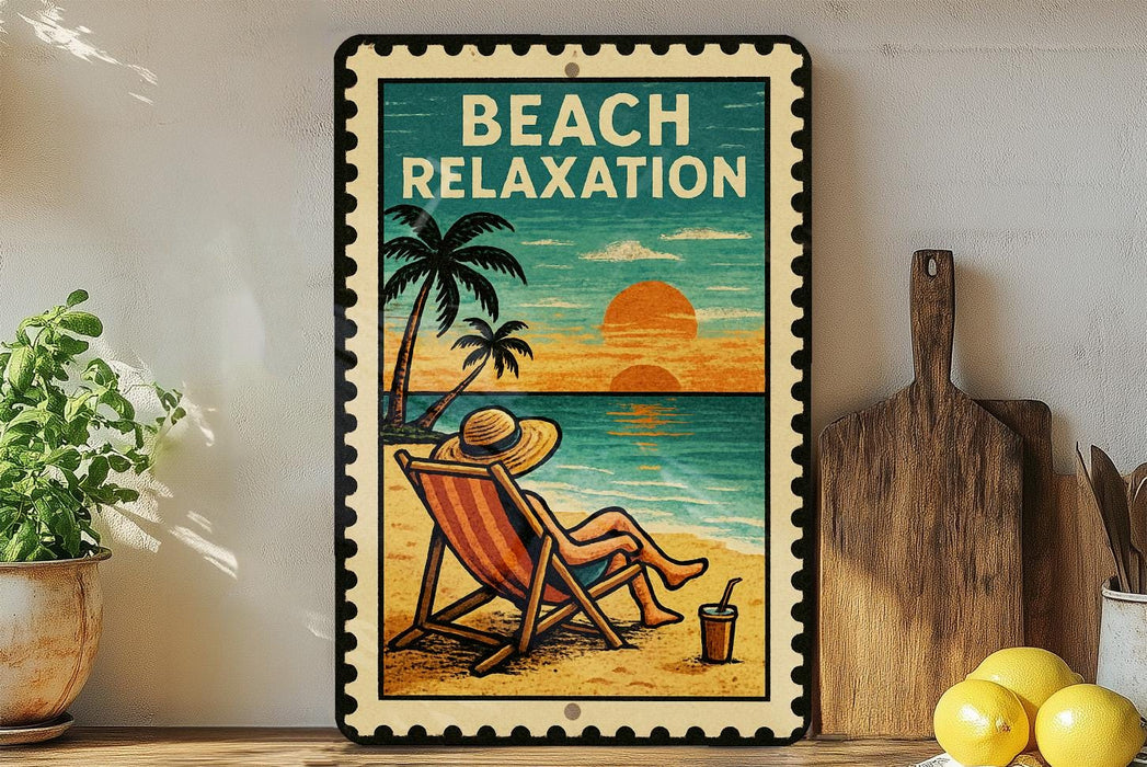 A framed vintage-style sign with a beach scene, featuring a person relaxing in a chair and a palm tree, with the text "BEACH RELAXATION" prominently displayed.