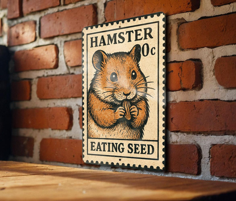 A wooden table with a metal stamp featuring a hamster eating a seed on it, mounted on a brick wall.