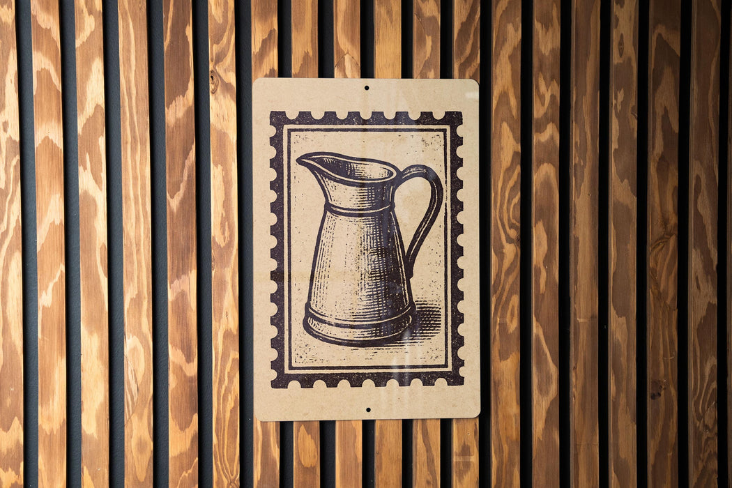 a wooden wall with a framed illustration of a pitcher, which appears to be a decorative piece or a sign.