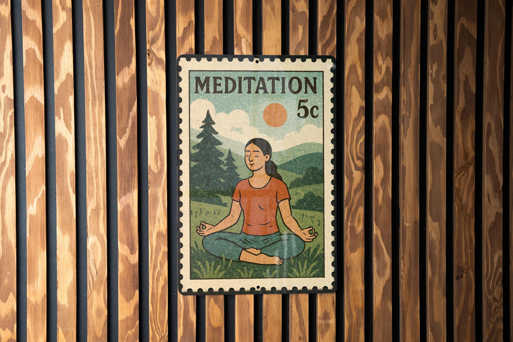 A vintage-style postage stamp featuring a woman in a meditative pose, with a serene landscape in the background.