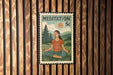 A vintage-style postage stamp featuring a woman in a meditative pose, with a serene landscape in the background.