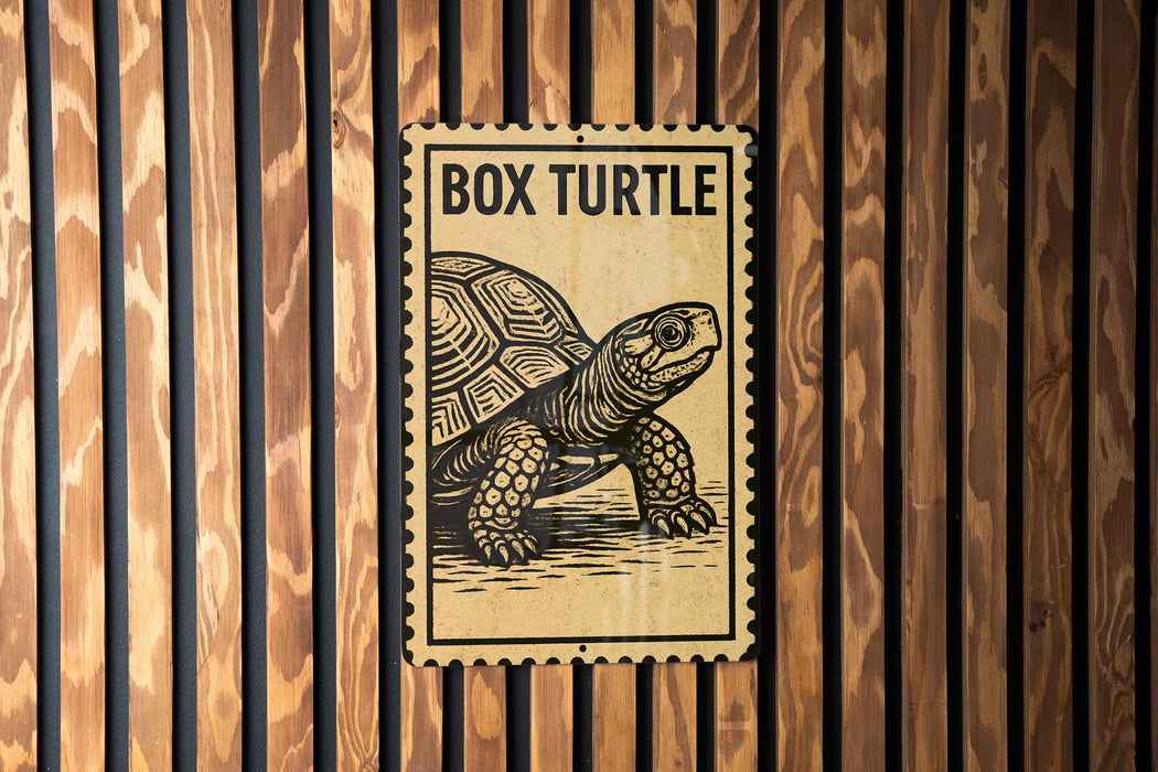 A sign with the word "BOX TURTLE" printed on it, mounted on a wooden wall.