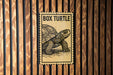A sign with the word "BOX TURTLE" printed on it, mounted on a wooden wall.