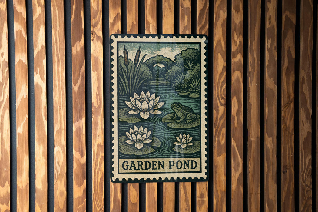 A metal sign with a stamp-like design hangs on a wooden wall, depicting a garden pond with a frog and water lilies.