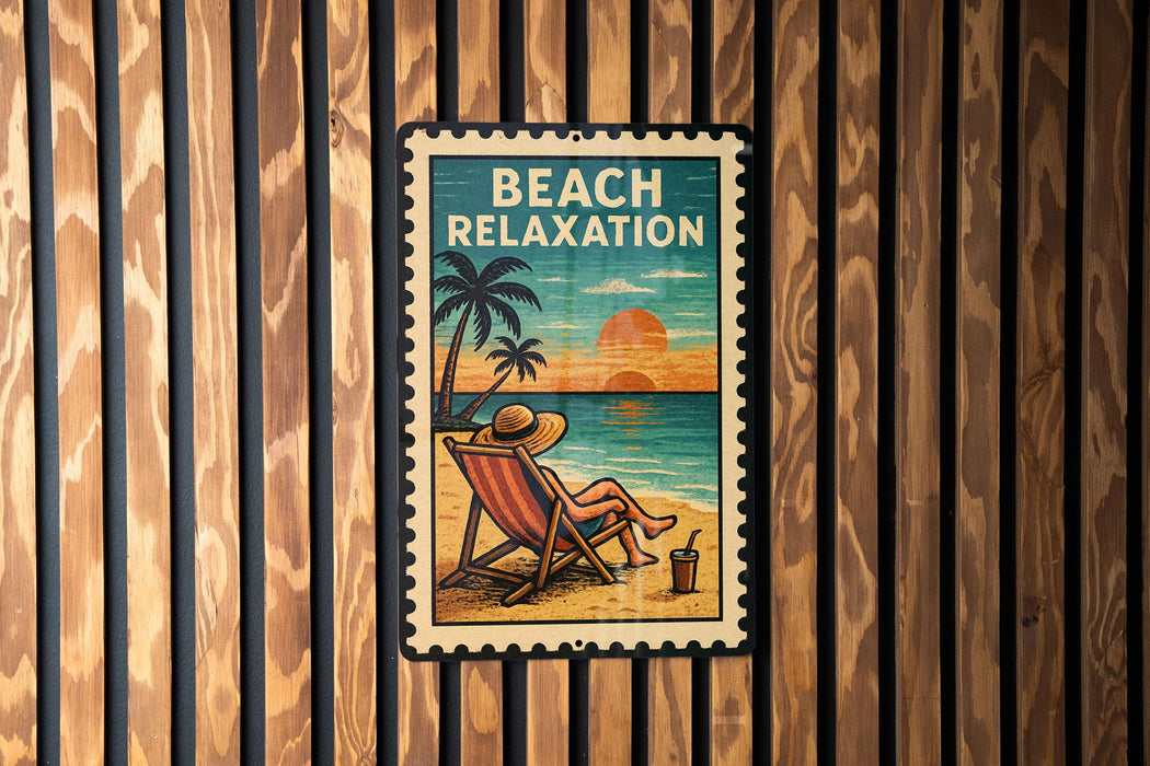 A beach relaxation sign with a person sitting in a beach chair and a palm tree in the background, set against a wooden wall.