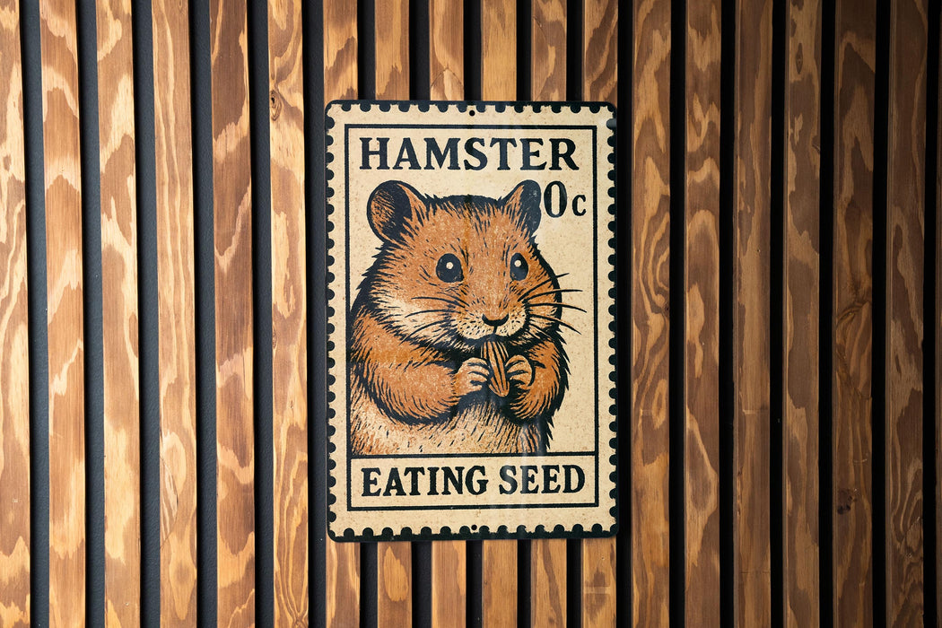 A metal stamp featuring a hamster eating a seed, mounted on a wooden wall.