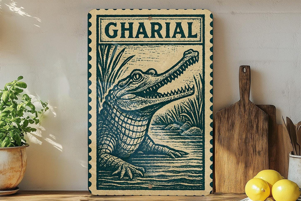 a framed illustration of a crocodile, with a wooden paddle and a potted plant to the left.