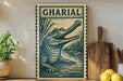a framed illustration of a crocodile, with a wooden paddle and a potted plant to the left.