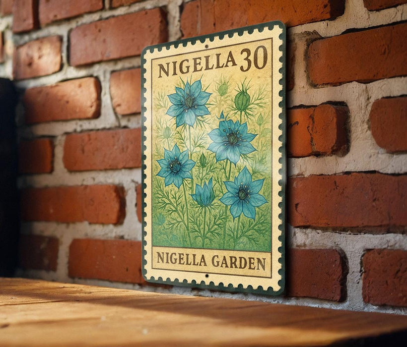 A metal sign with a floral design hangs on a brick wall, displaying the text "NIGELLA 30" and "NIGELLA GARDEN".