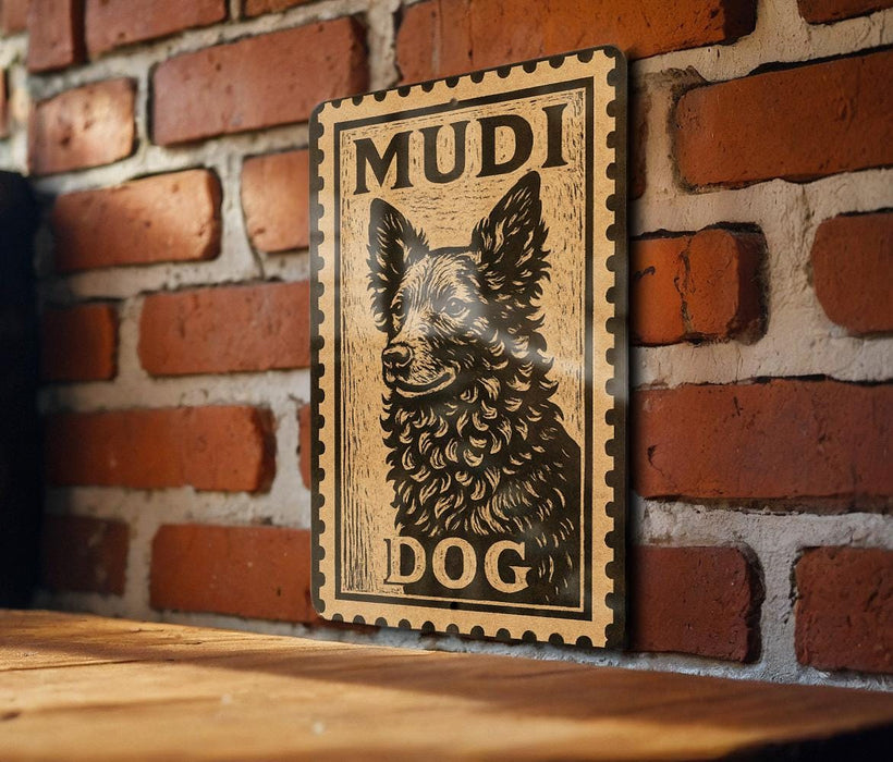 A wooden table with a wooden frame, and a framed image of a dog on the wall.