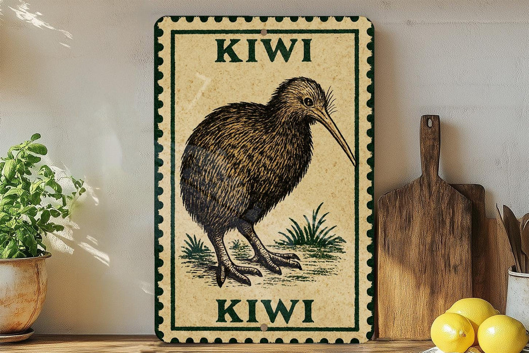 a decorative sign with a kiwi bird illustration, placed on a wooden surface next to a wooden cutting board and some lemons.