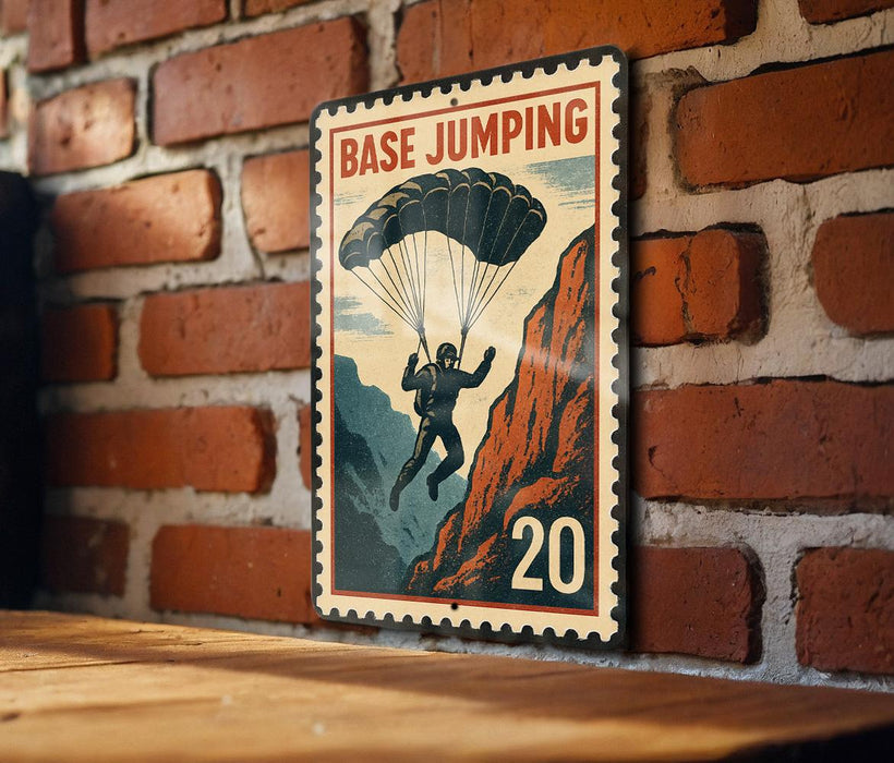 A vintage-style metal sign with a parachute illustration and the number 20, mounted on a brick wall.