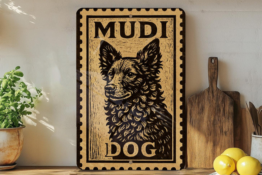 A wooden sign with a dog image and the text "MUDI DOG" on it, placed on a shelf next to a potted plant and some kitchen utensils.