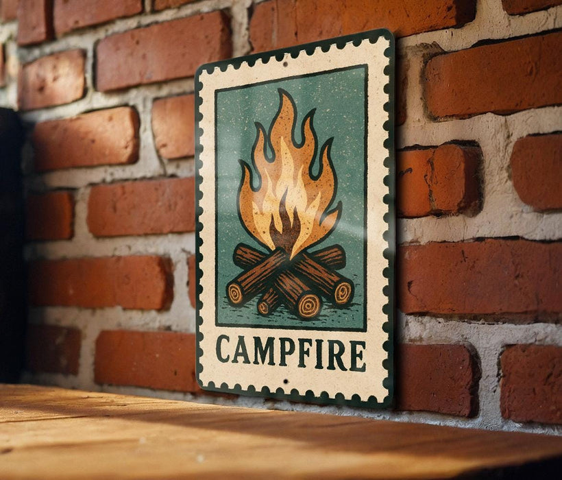 A metal sign with a green border and a white border is mounted on a brick wall, depicting a campfire.