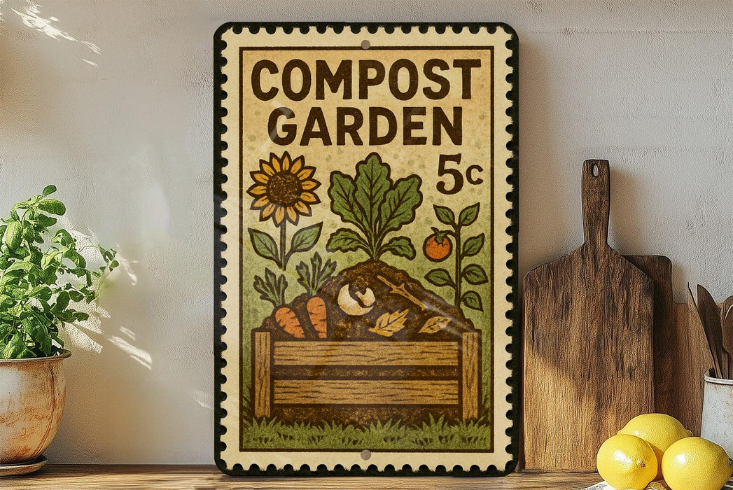 a vintage-style sign for a compost garden, with illustrations of plants and a wooden bin, placed on a shelf next to a wooden cutting board and some potted plants.