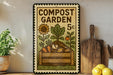 a vintage-style sign for a compost garden, with illustrations of plants and a wooden bin, placed on a shelf next to a wooden cutting board and some potted plants.