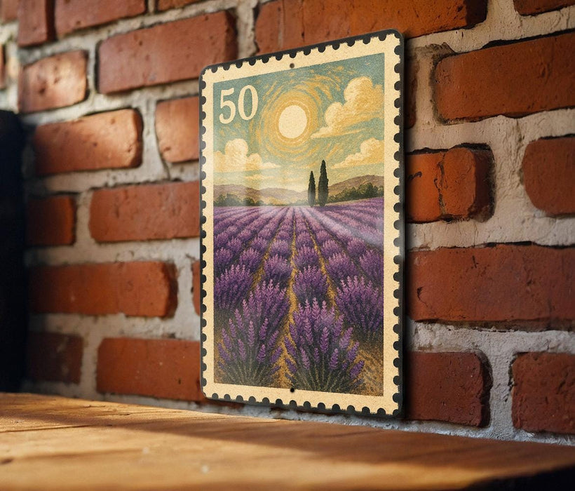 A framed image of a field of lavender flowers is displayed on a brick wall.