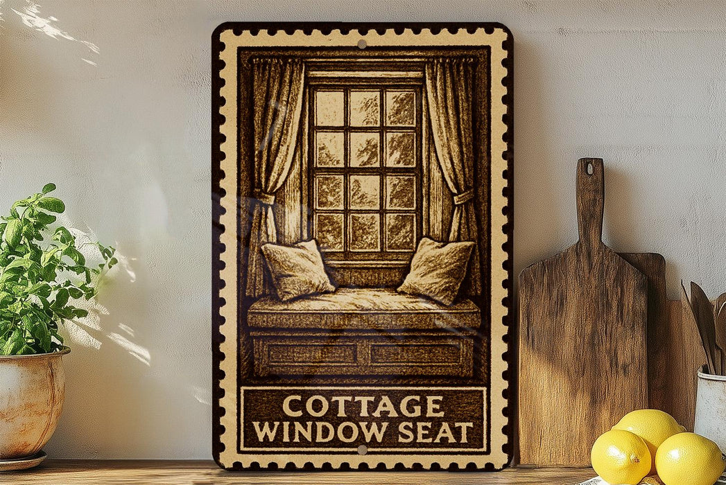 a wooden window seat with a cushion, placed on a shelf next to a potted plant and a cutting board.