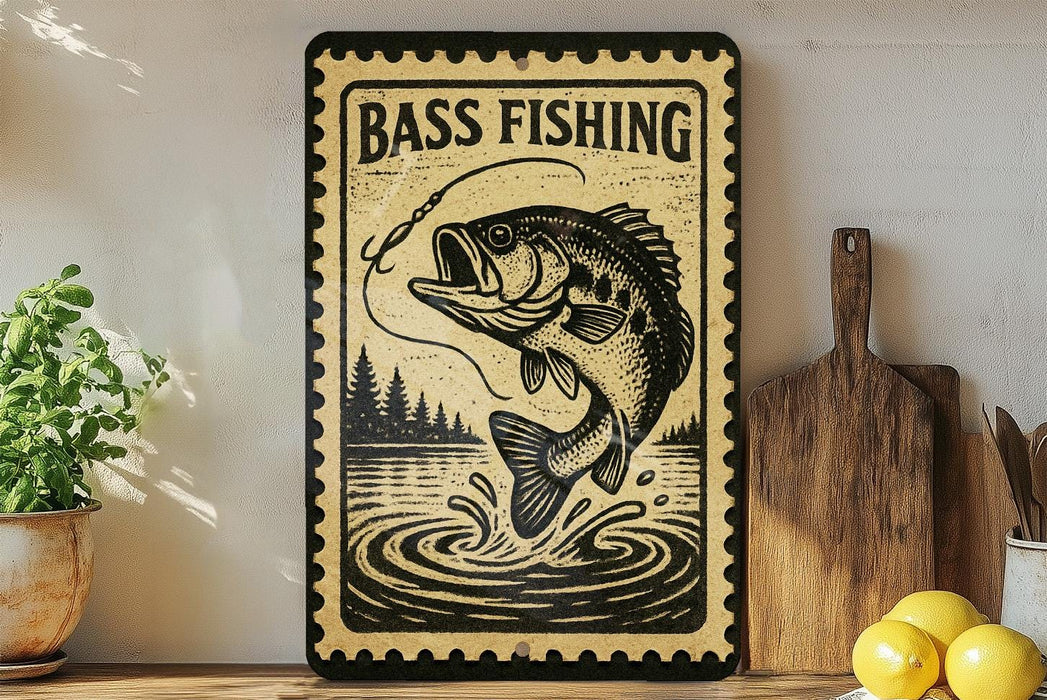 A vintage-style metal sign with a fish illustration and the text "BASS FISHING" is displayed on a shelf, accompanied by a wooden cutting board and a potted plant.