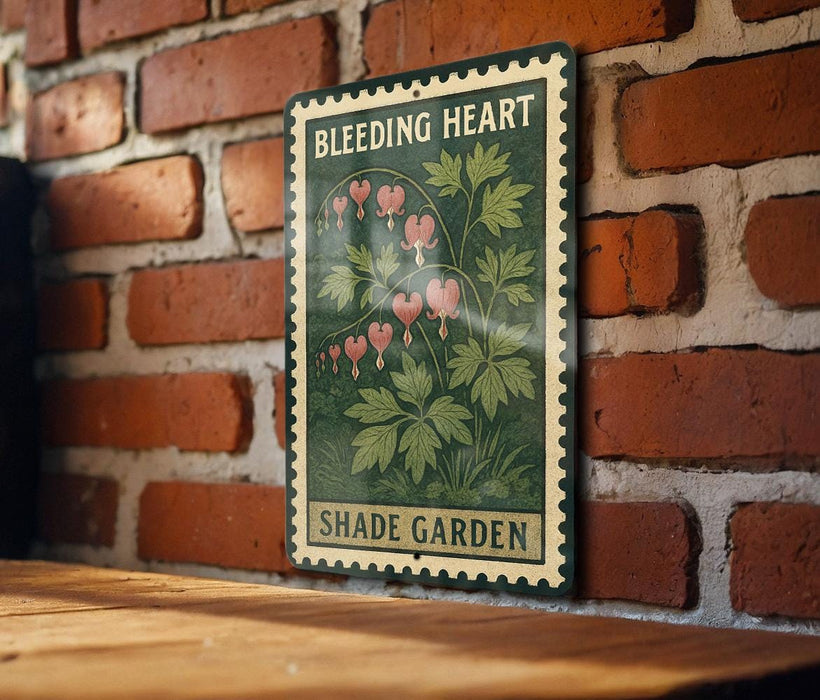 A vintage-style metal sign with a floral design hangs on a brick wall, displaying the text "BLEDING HEART SHADE GARDEN".
