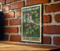 A vintage-style metal sign with a floral design hangs on a brick wall, displaying the text "BLEDING HEART SHADE GARDEN".
