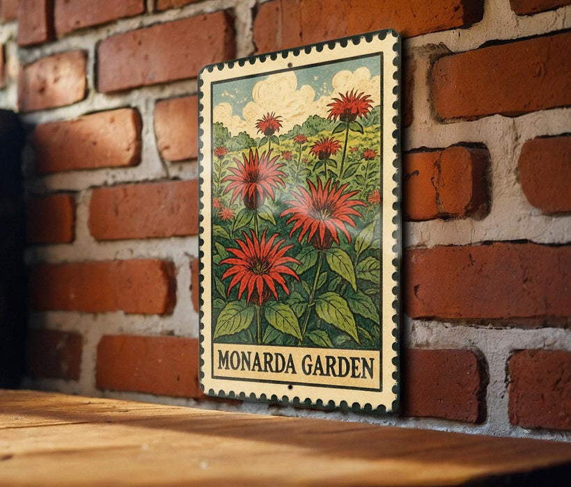 A metal sign with a floral illustration is mounted on a brick wall, displaying the text "MONARDA GARDEN".